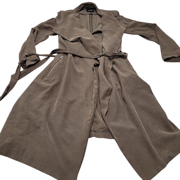 Express olive green zip pocket trench coat wrap mid length asymmetrical - Picture 2 of 9